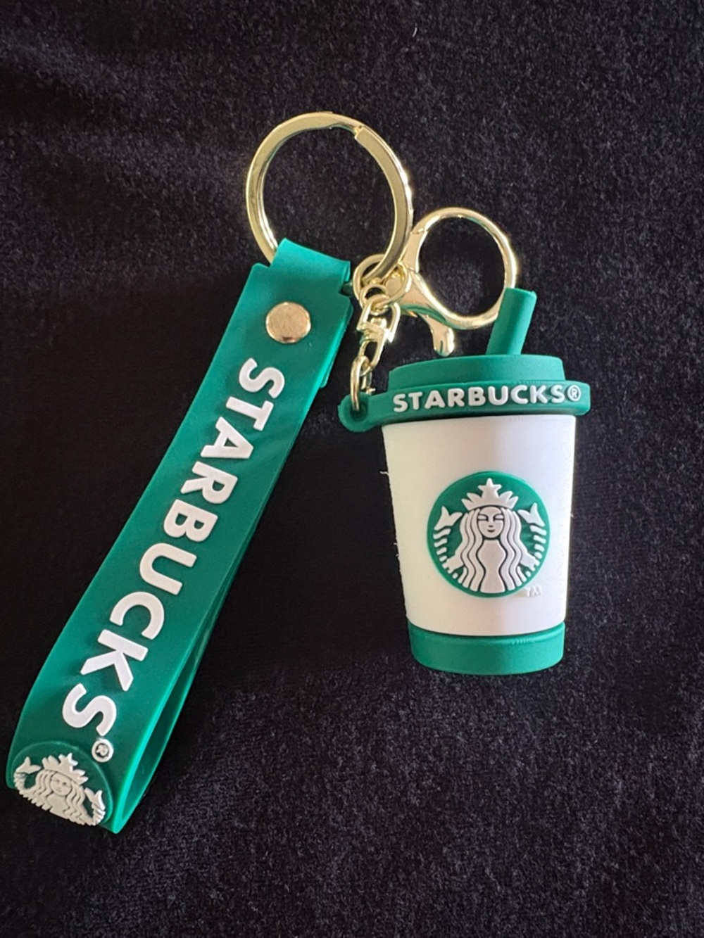 Starbucks Green and White Coffee Cup Charm Keychain Bag Charm with Gold Accents